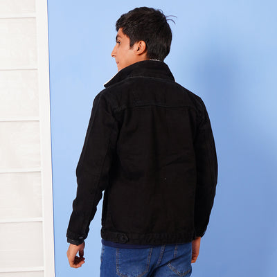 Teens Boy Denim Jacket Sherpa-BLACK
