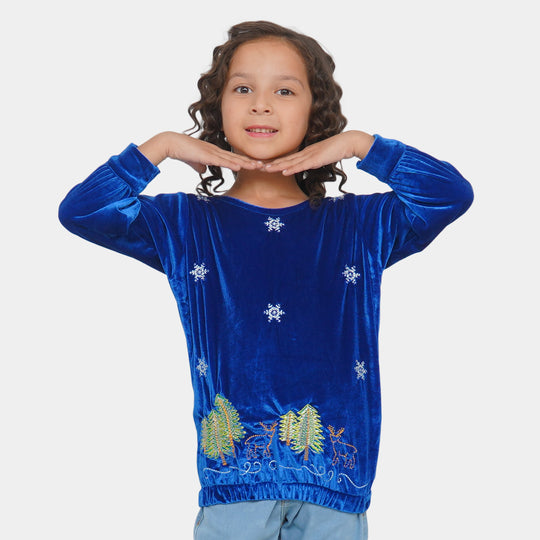 Girls Velvet EMB Top Winter Vibes - Royal Blue