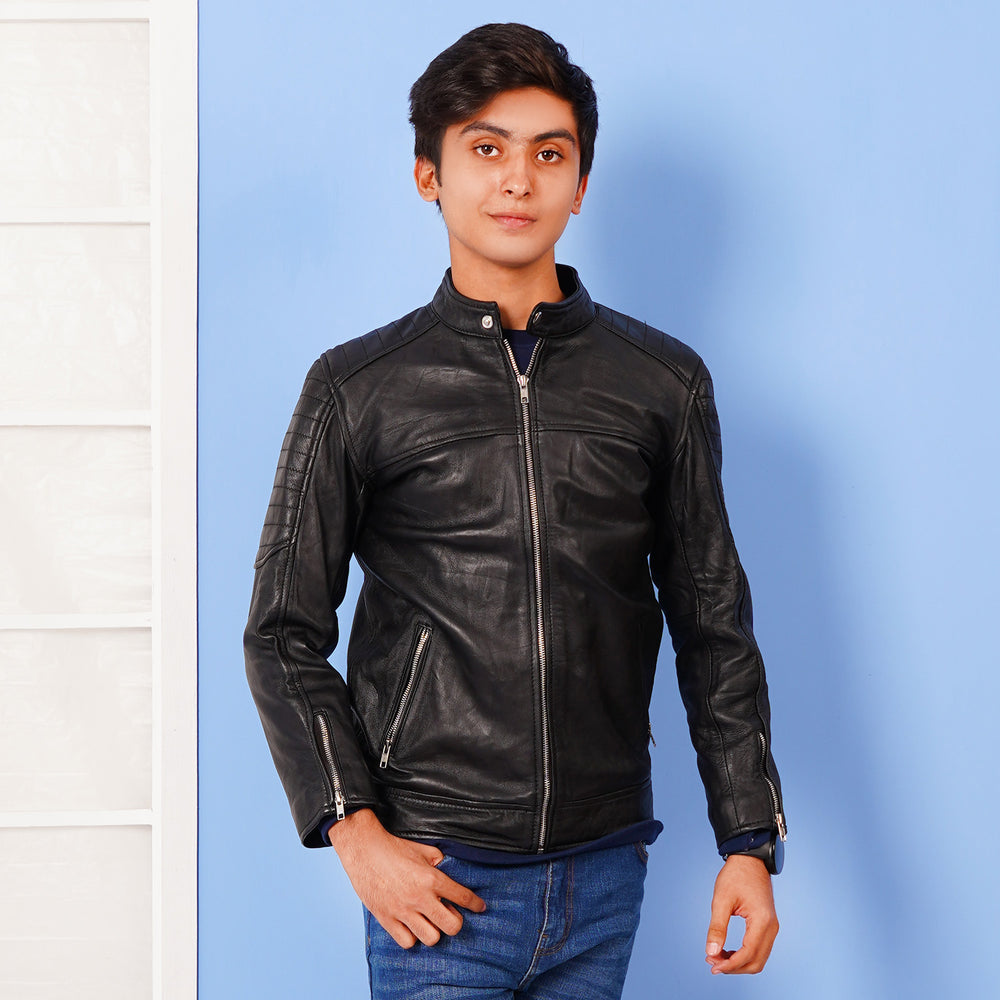 Teens Boys Genuine Sheep Leather Jacket - BLACK