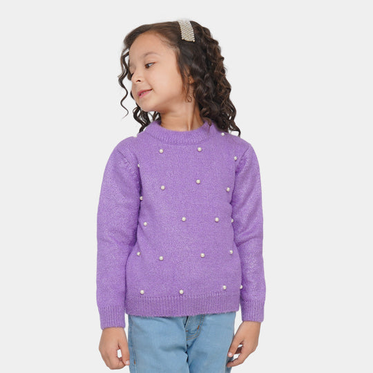 Girls Sweater Pearl Round Neck - Purple