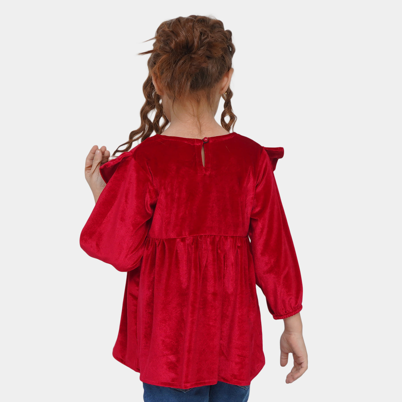 Girls Velvet Plain Top Ruffled - Red