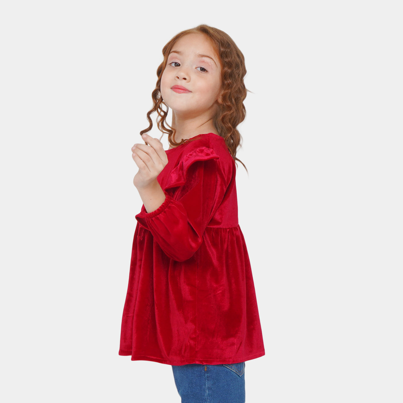 Girls Velvet Plain Top Ruffled - Red