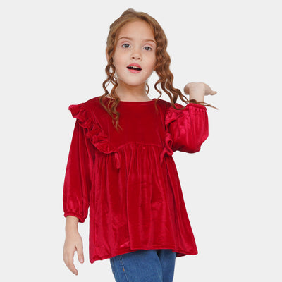 Girls Velvet Plain Top Ruffled - Red