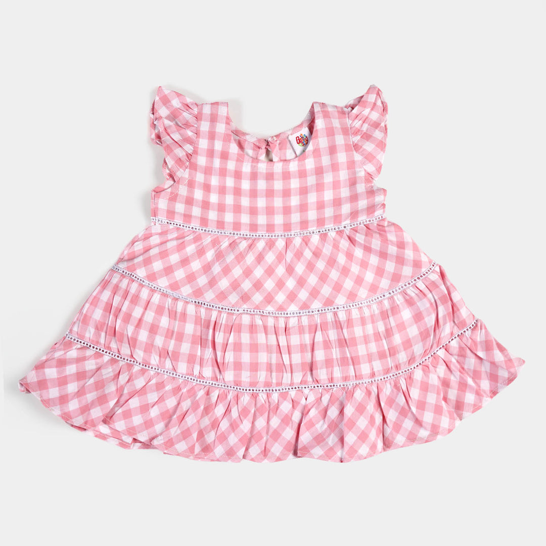 Girls Cotton Casual Frock Checkered - Pink