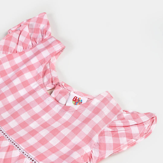 Girls Cotton Casual Frock Checkered - Pink