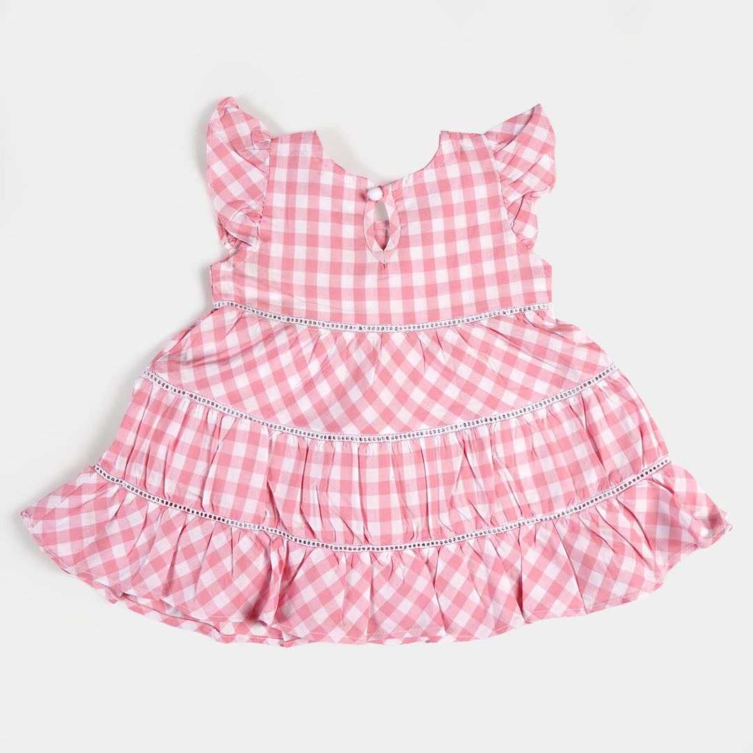 Girls Cotton Casual Frock Checkered - Pink