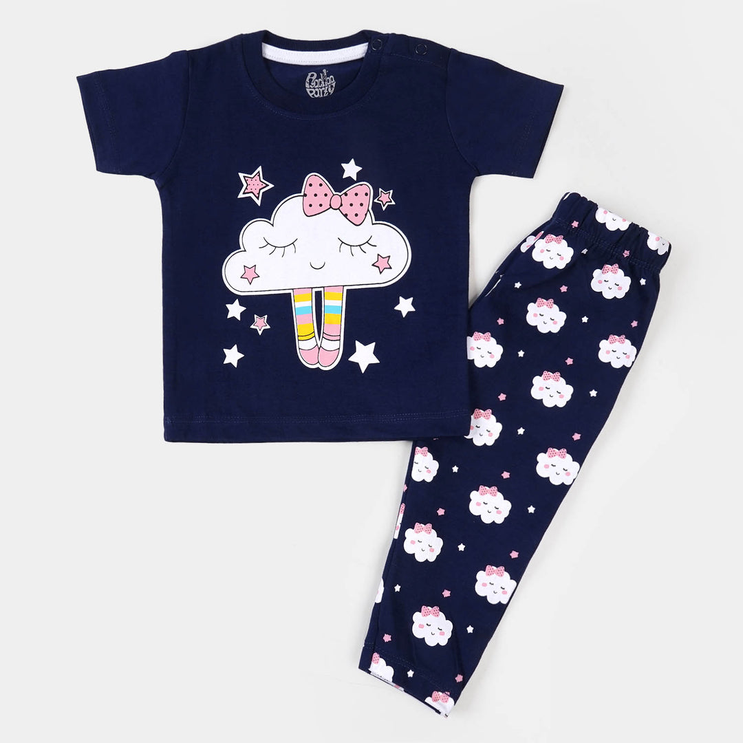 Infant Girls Cotton Night Suit Cloud - Navy Blue