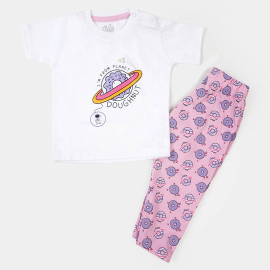 Infant Girls Cotton Night Suit Doughnut - White