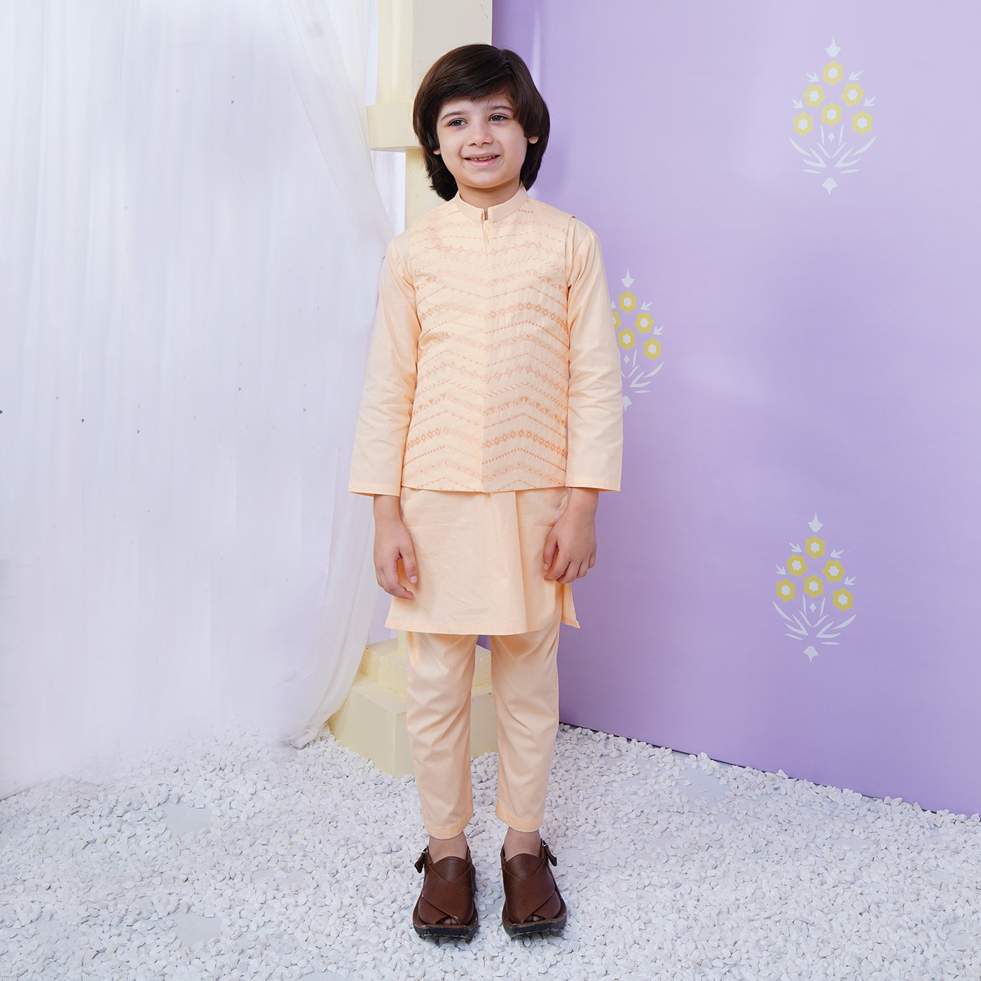 Boys Embroidered 3Pcs Suit - Peach
