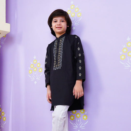 Boys Printed Kurta Black Pearl-BLACK