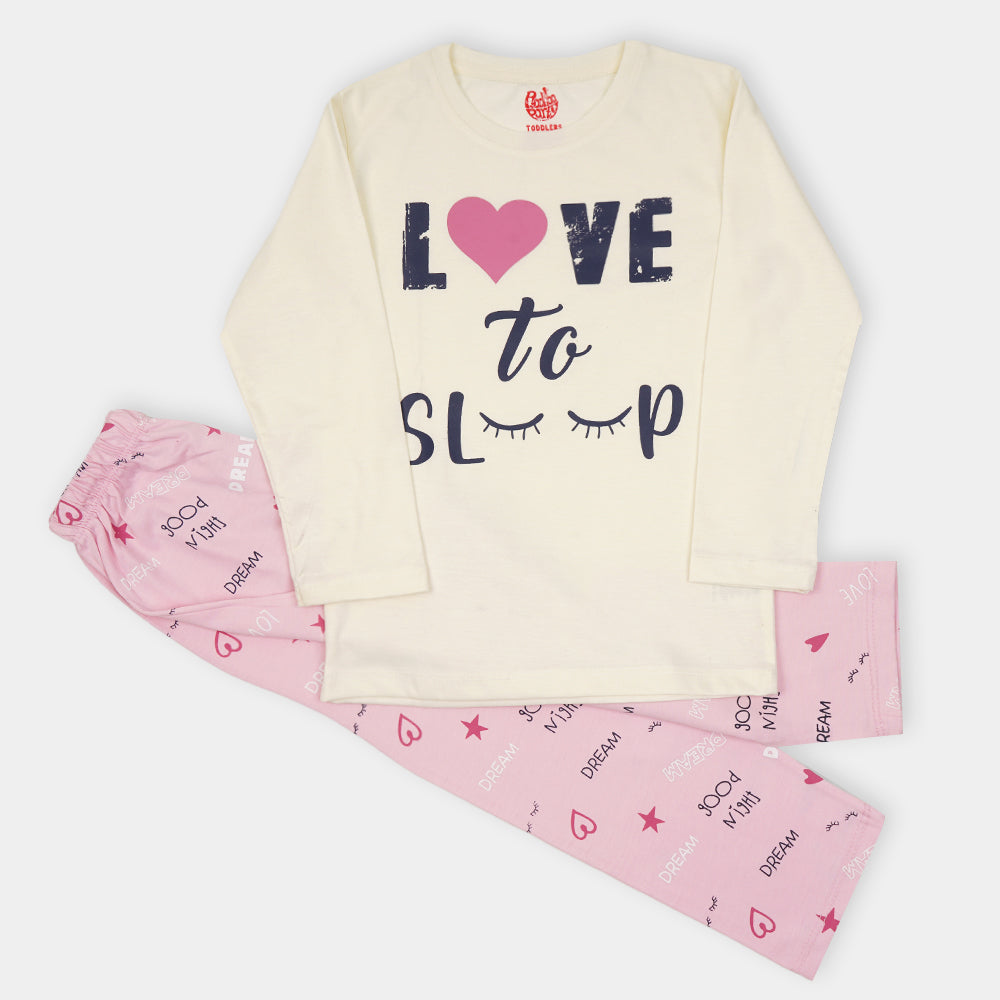 Girls Knitted Night Suit Love To Sleep - Off White/Pink