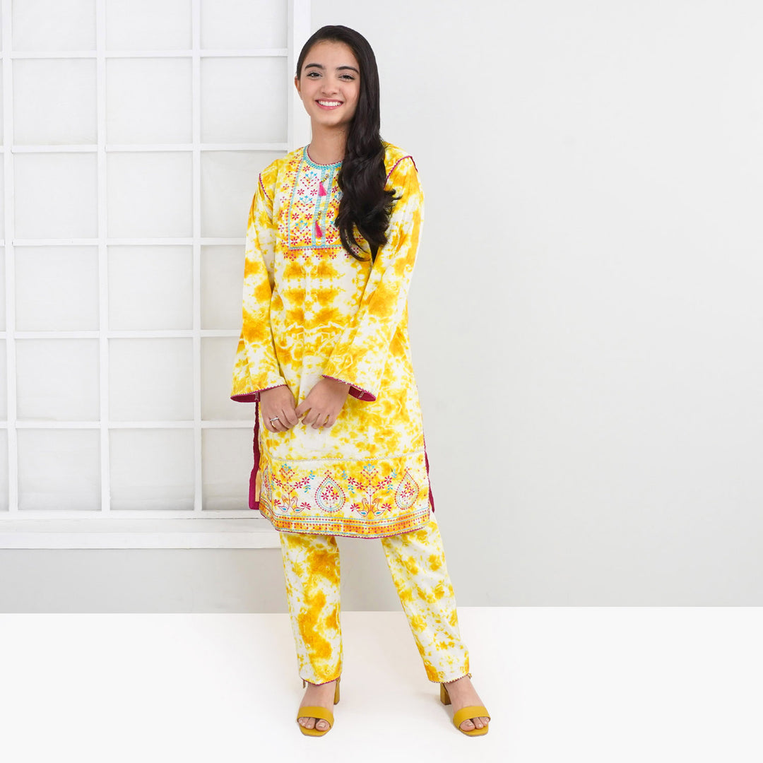 Teens Girls Cotton Printed And EMB 2Pcs Suit Turmeric - Yellow