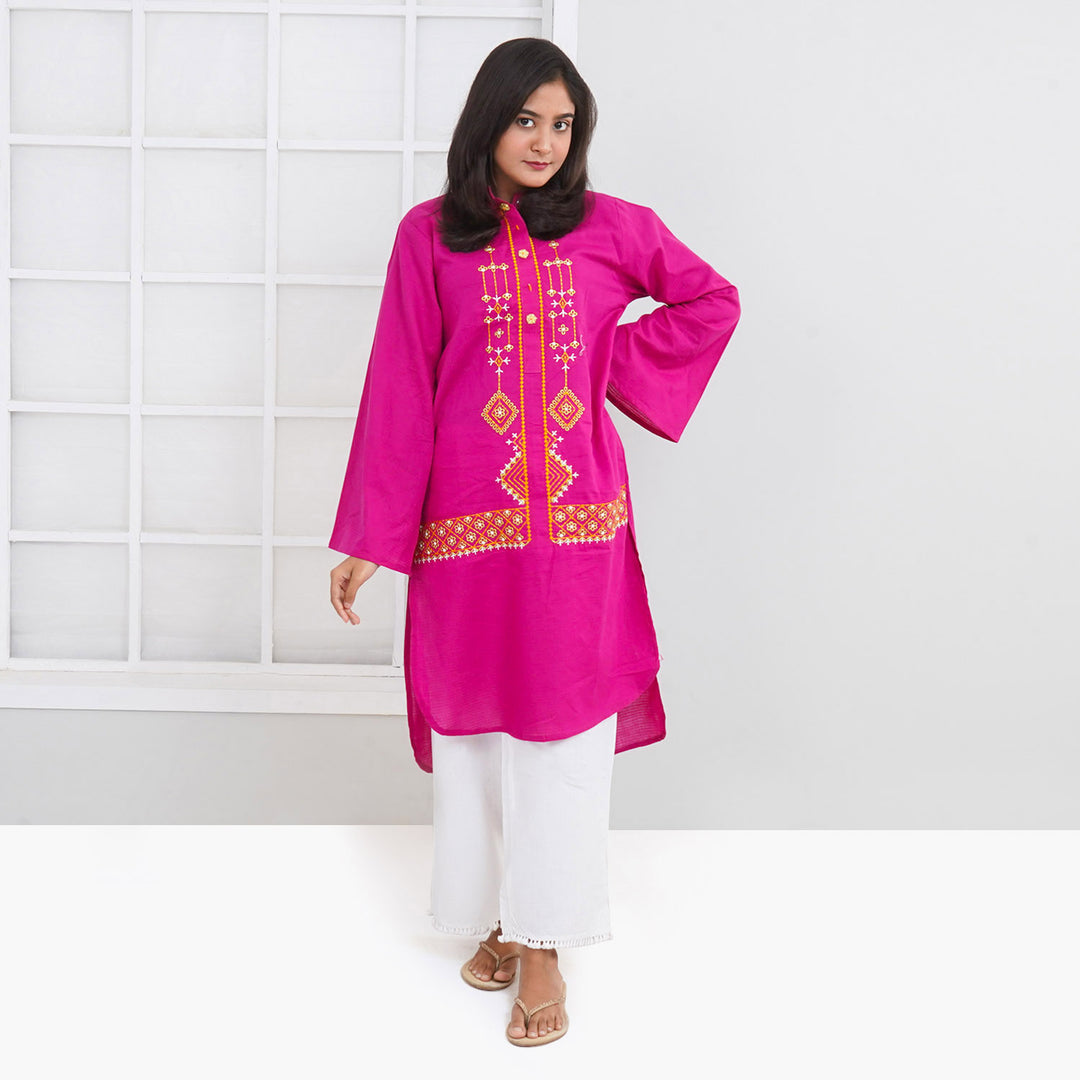 Teens Girls Jacquard Embroidered Kurti Exotic - Magenta