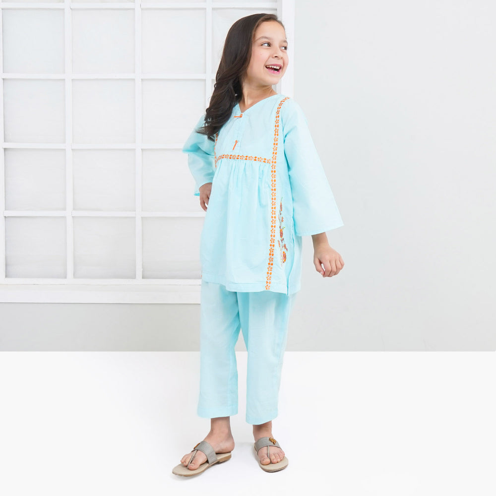 Girls Cotton 2Pcs Suit Sketch Flower - LT.Blue