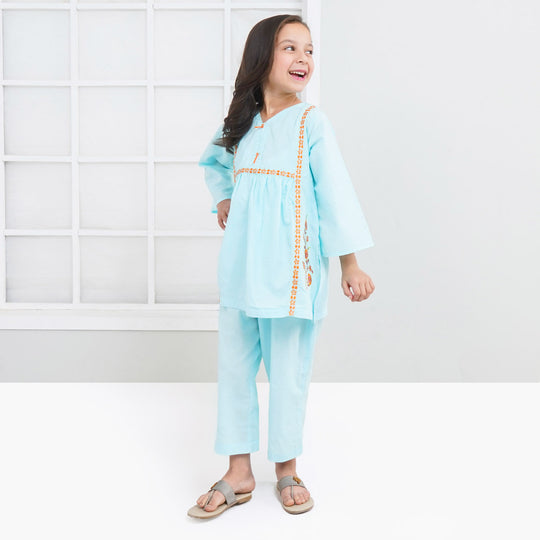 Girls Cotton 2Pcs Suit Sketch Flower - LT.Blue