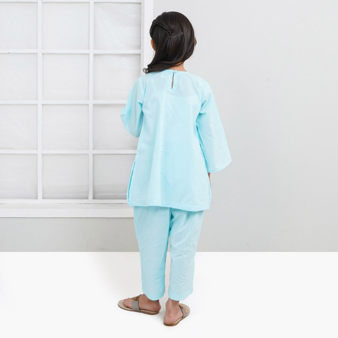 Girls Cotton 2Pcs Suit Sketch Flower - LT.Blue