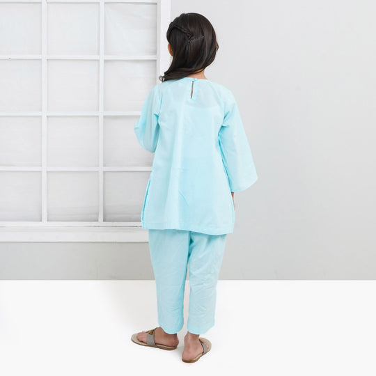 Girls Cotton 2Pcs Suit Sketch Flower - LT.Blue