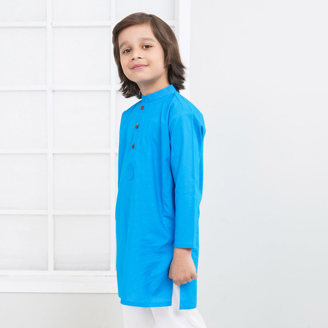 Boys Jacquard Basic Kurta - Blue