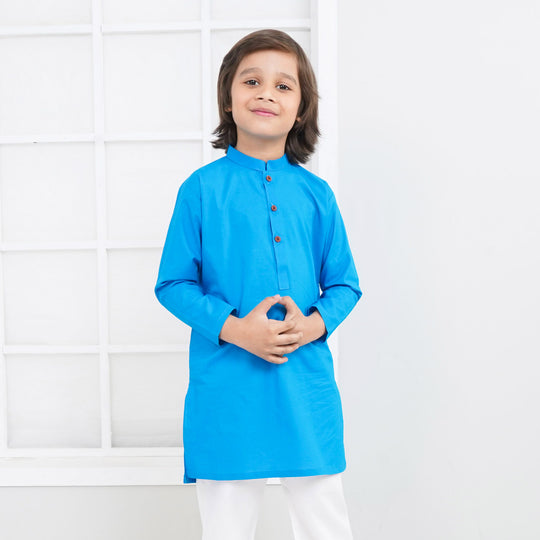 Boys Jacquard Basic Kurta - Blue