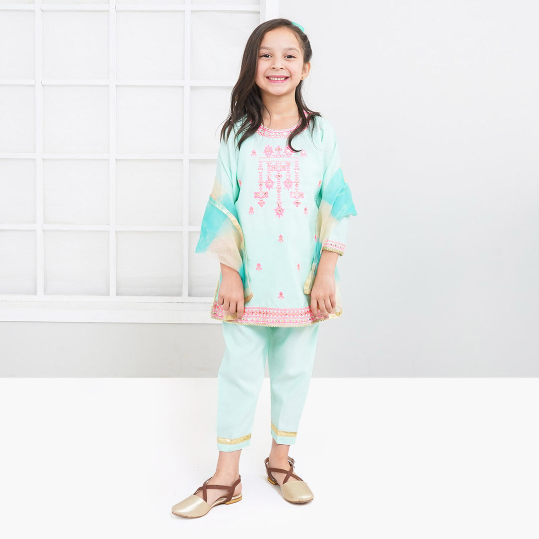 Girls Fancy Glitter 3PCs Suit - Aqua Green