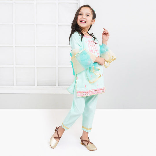 Girls Fancy Glitter 3PCs Suit - Aqua Green