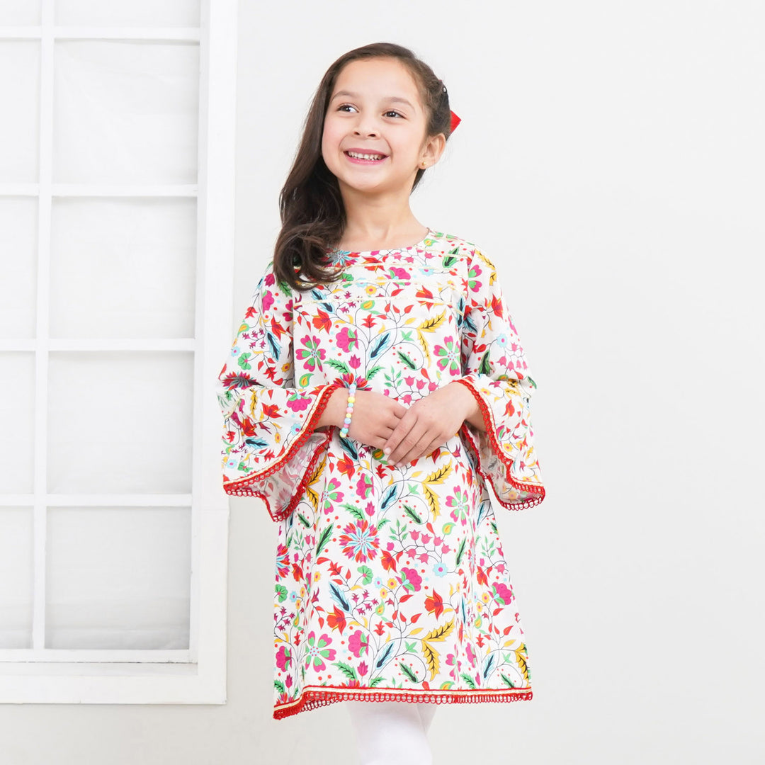 Girls Cotton Digital Print Long Kurti Flower Paradise | Multi