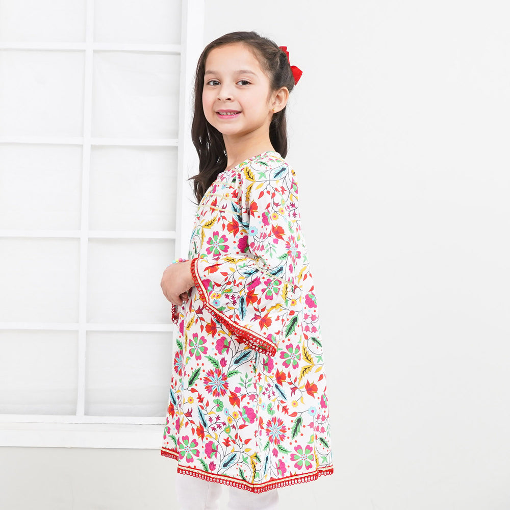 Girls Cotton Digital Print Long Kurti Flower Paradise | Multi