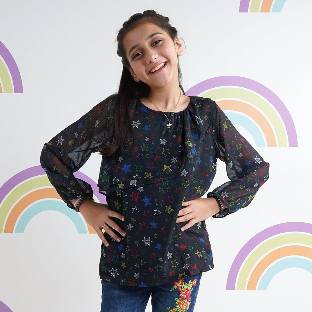 Girls Chiffon Casual Top Colorful Star - Black