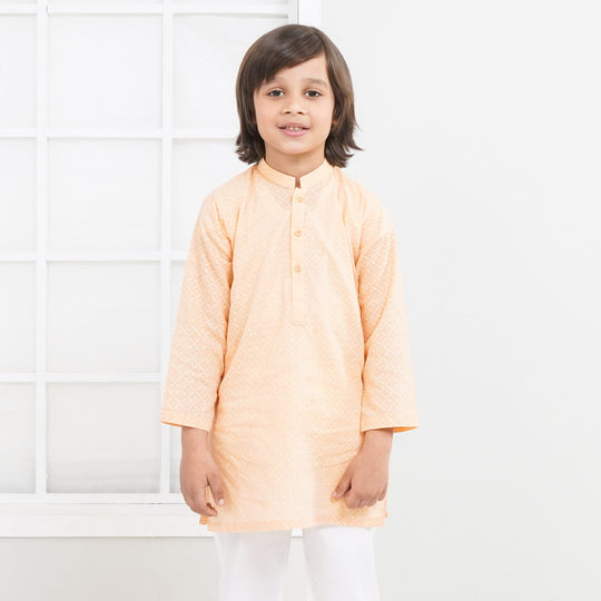 Boys Cotton Basic Kurta Burn Out - Peach