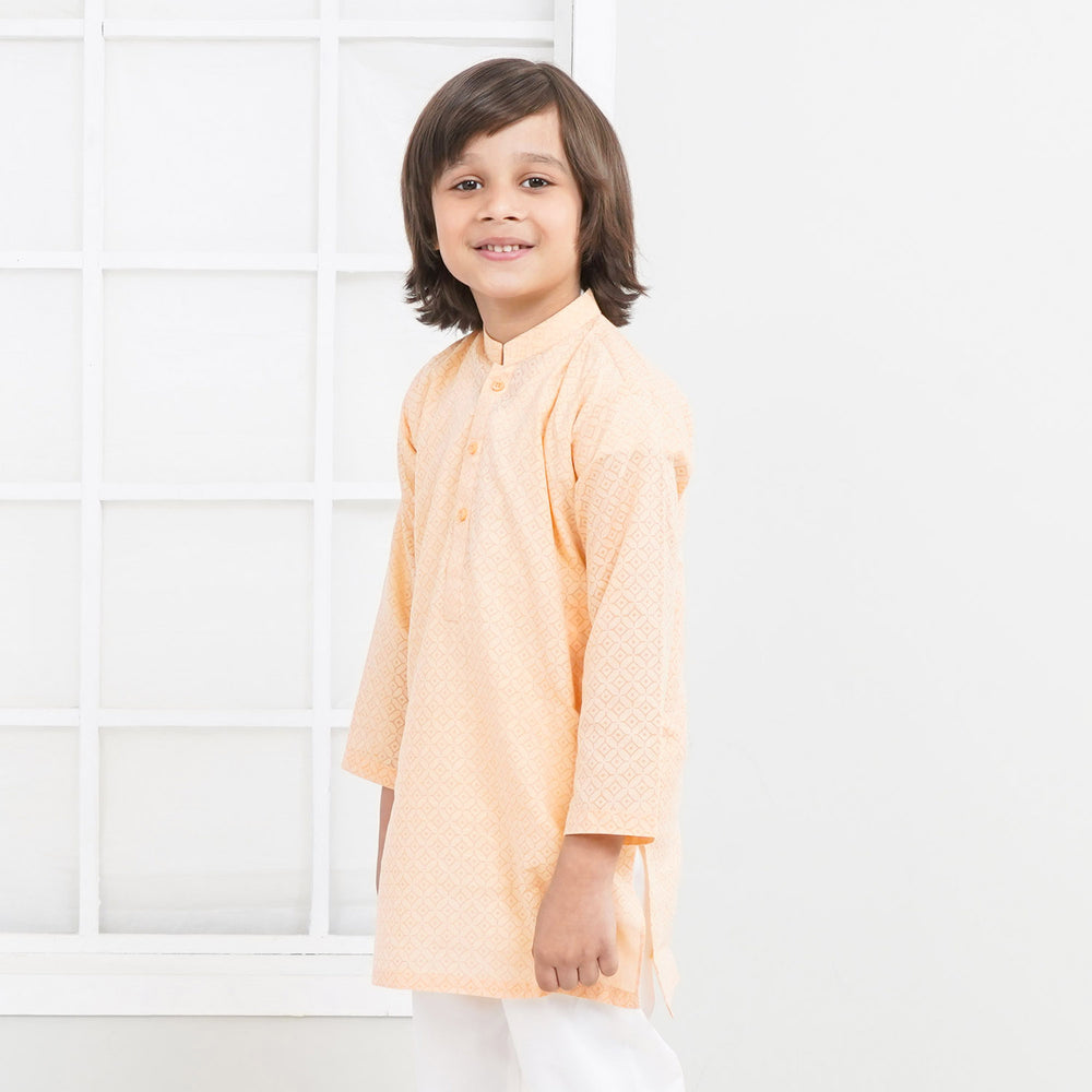 Boys Cotton Basic Kurta Burn Out - Peach