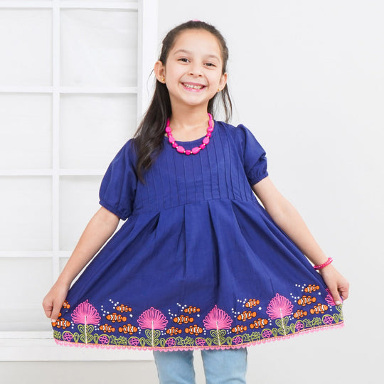 Girls Jacquard Emb Kurti Neemo |  Navy Blue