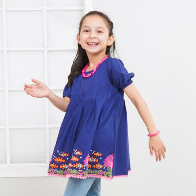 Girls Jacquard Emb Kurti Neemo |  Navy Blue