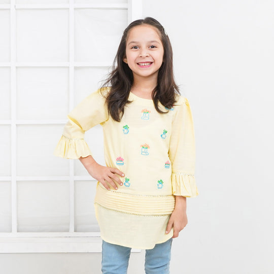 Girls Jacquard EMB Kurti Mix Pot - LT.Yellow