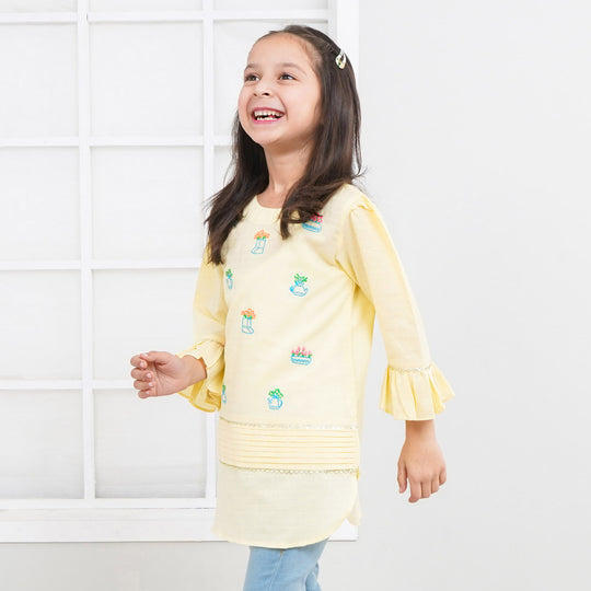 Girls Jacquard EMB Kurti Mix Pot - LT.Yellow