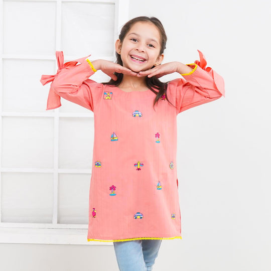 Girls Jacquard EMB Kurti Traveling Vibes - Peach