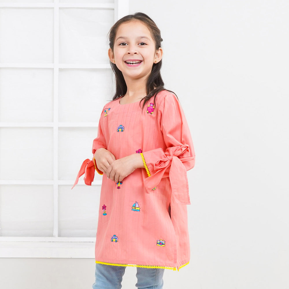 Girls Jacquard EMB Kurti Traveling Vibes - Peach