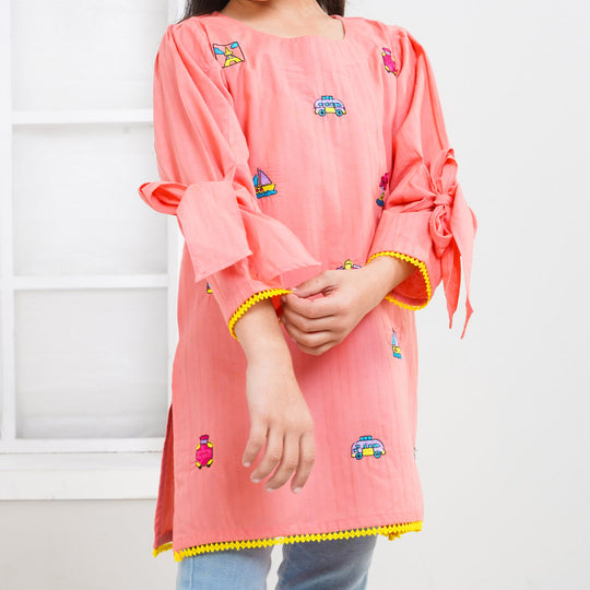 Girls Jacquard EMB Kurti Traveling Vibes - Peach