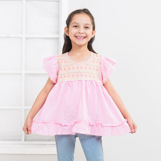 Girls Jacquard Embroidered Top Waves - Pink