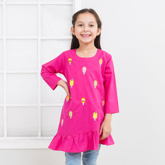 Girls Cotton Embroidered Kurti Ice Cream - Magenta