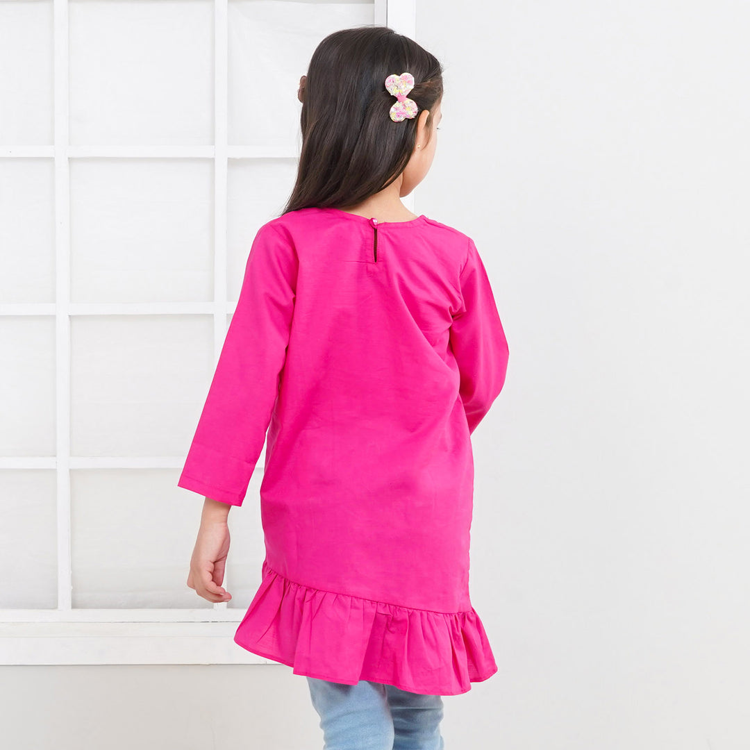 Girls Cotton Embroidered Kurti Ice Cream - Magenta