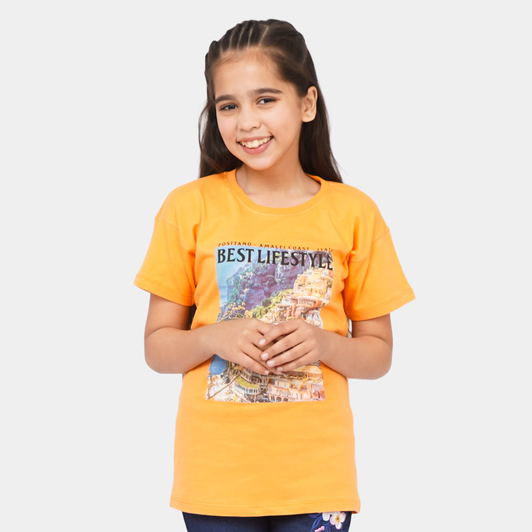 Girls Cotton T-Shirt Amalfi Coast - Orange