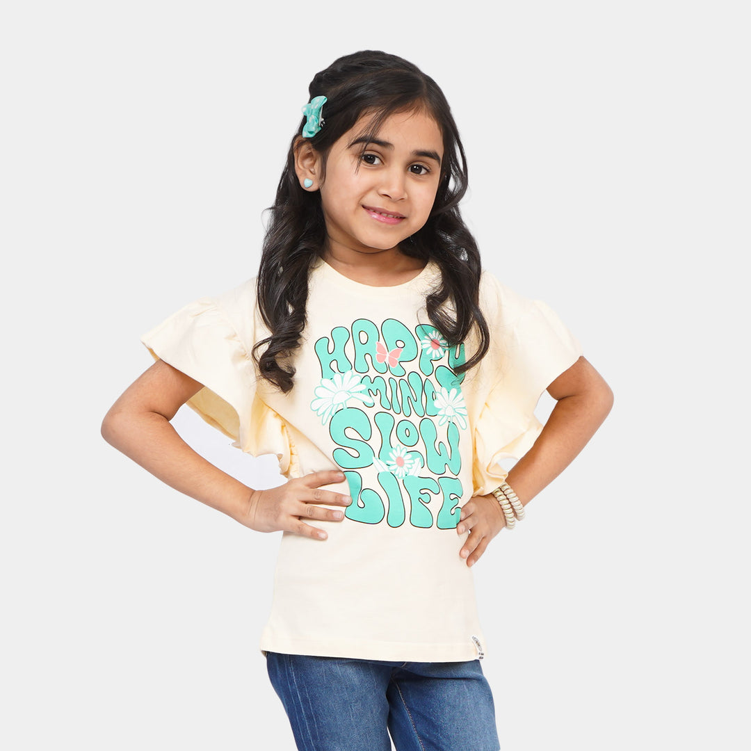 Girls Cotton T-Shirt Happy Mind - Cream