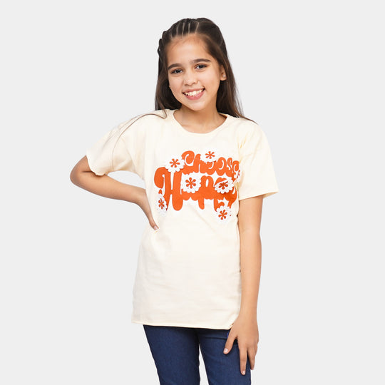 Girls Cotton T-Shirt Choose Happy - Cream