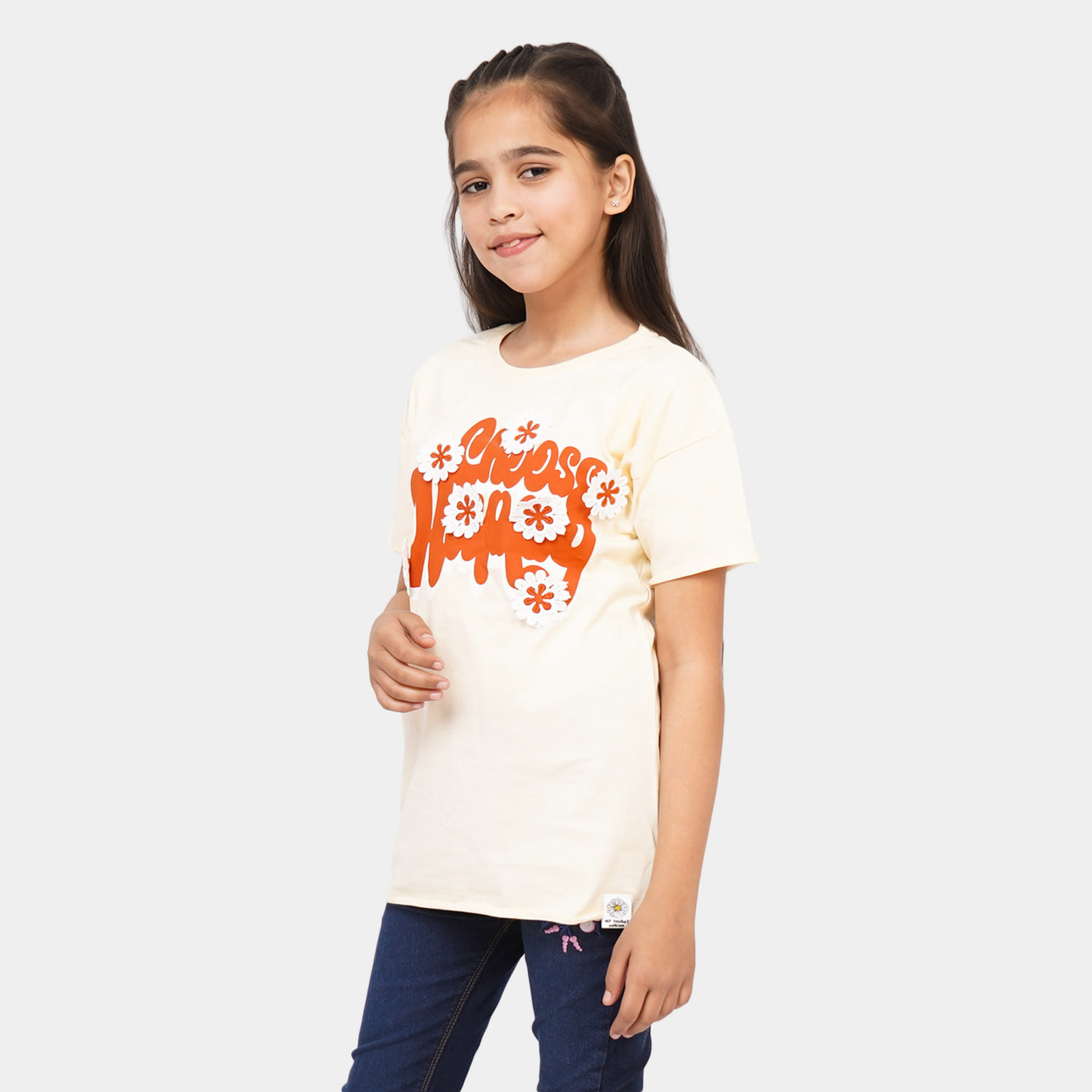 Girls Cotton T-Shirt Choose Happy - Cream