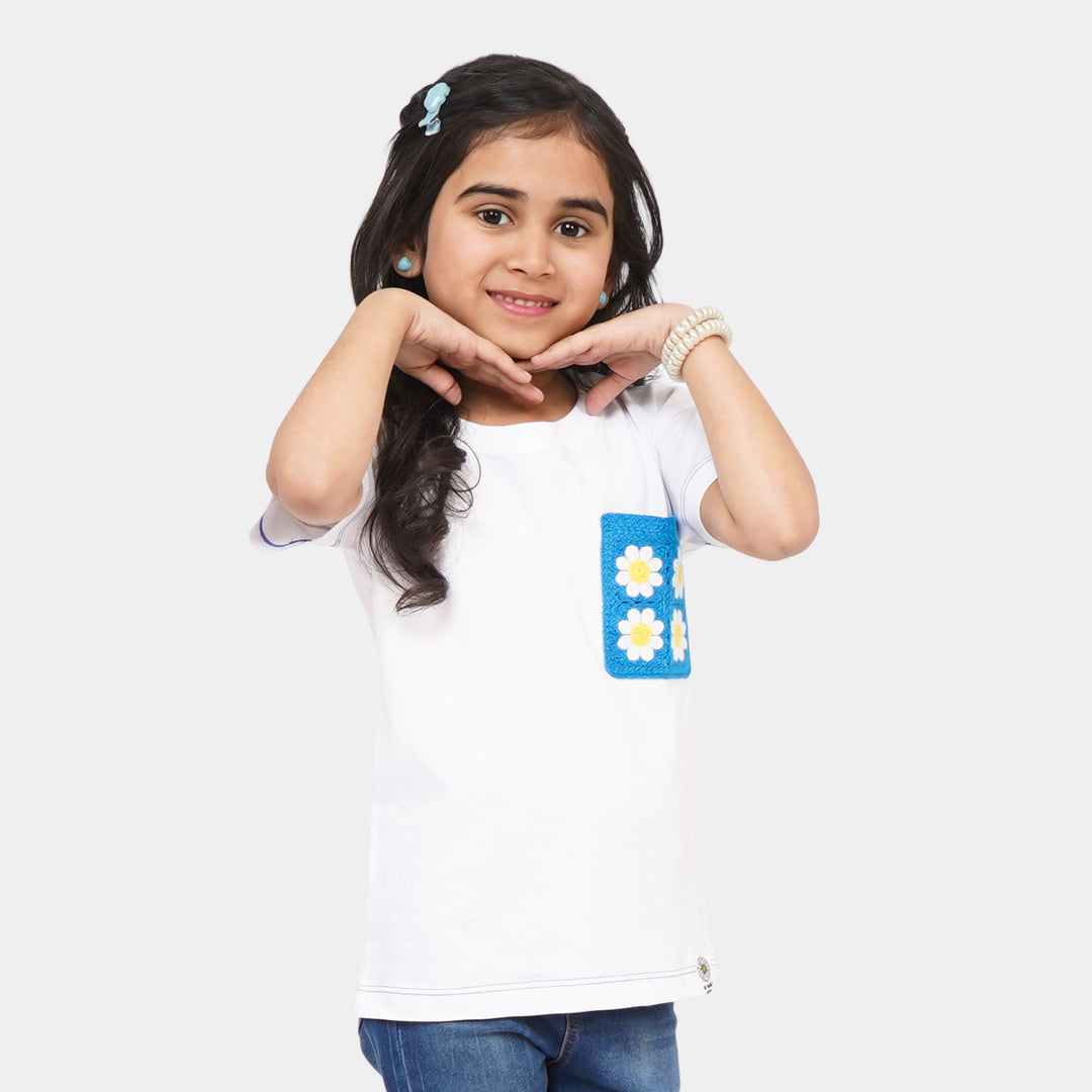 Girls Cotton T-Shirt Blue Pocket - White