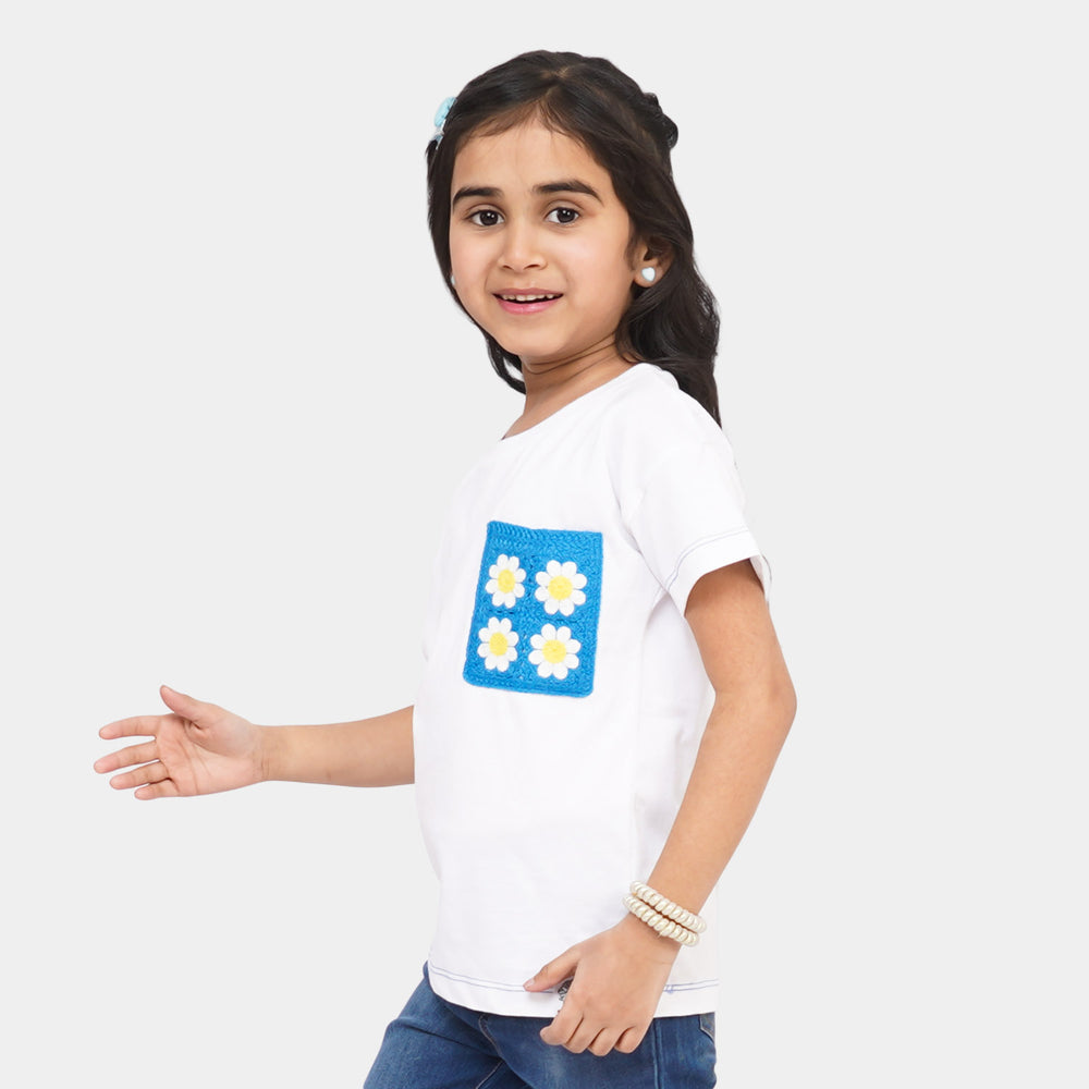 Girls Cotton T-Shirt Blue Pocket - White