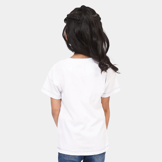 Girls Cotton T-Shirt Blue Pocket - White