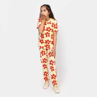 Girls Cotton 2PCs Suit Floral - Red/Yellow