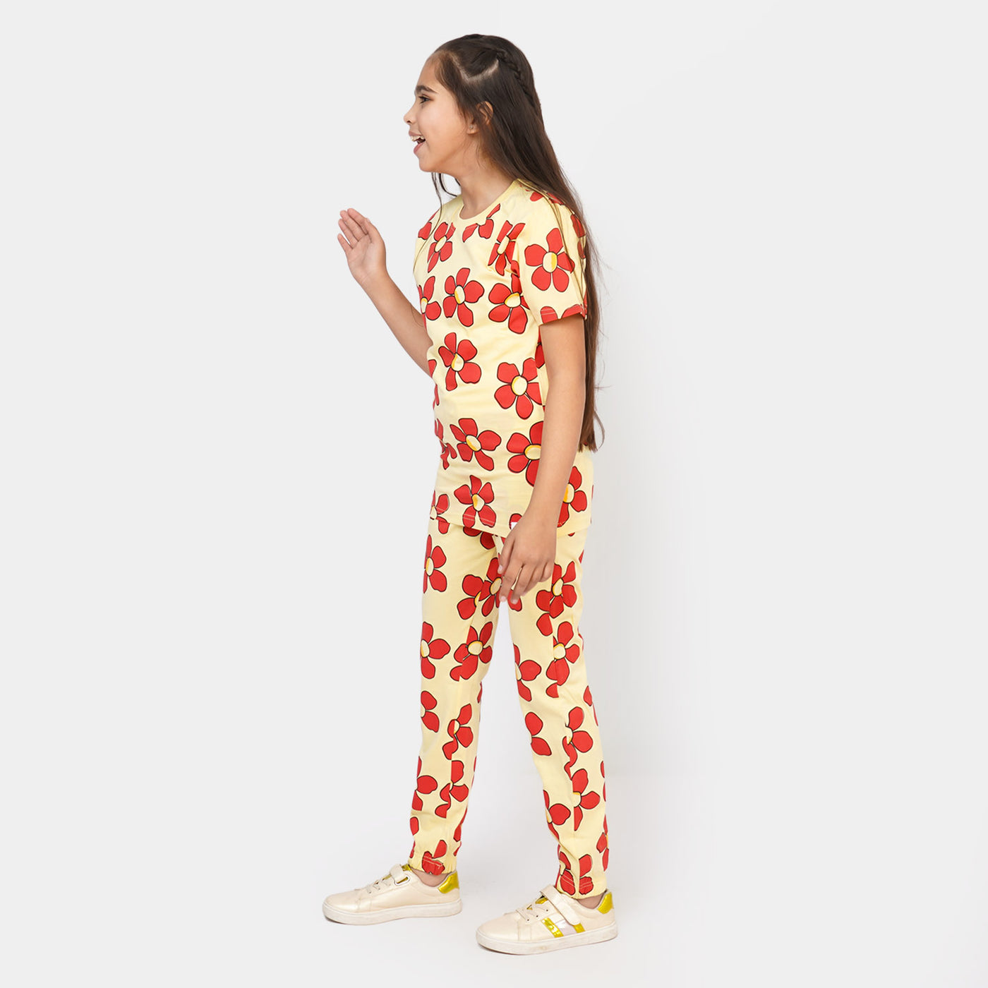 Girls Cotton 2PCs Suit Floral - Red/Yellow
