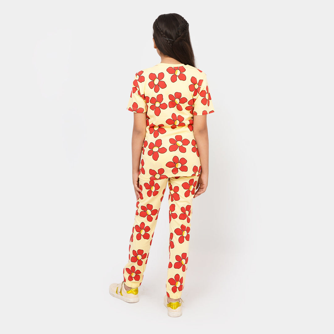 Girls Cotton 2PCs Suit Floral - Red/Yellow